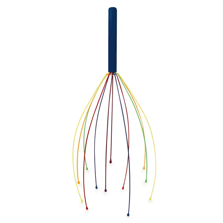 head massager with blue handle and rainbow colored prongs