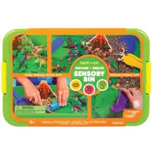 green bin with green sand, pebbles, plastic dinosaurs and tools to play