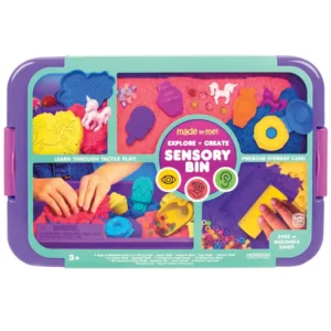 purple bin with purple, pink, yellow and blue sands, plus plastic tools to mould and scoop, and small pompoms and beads
