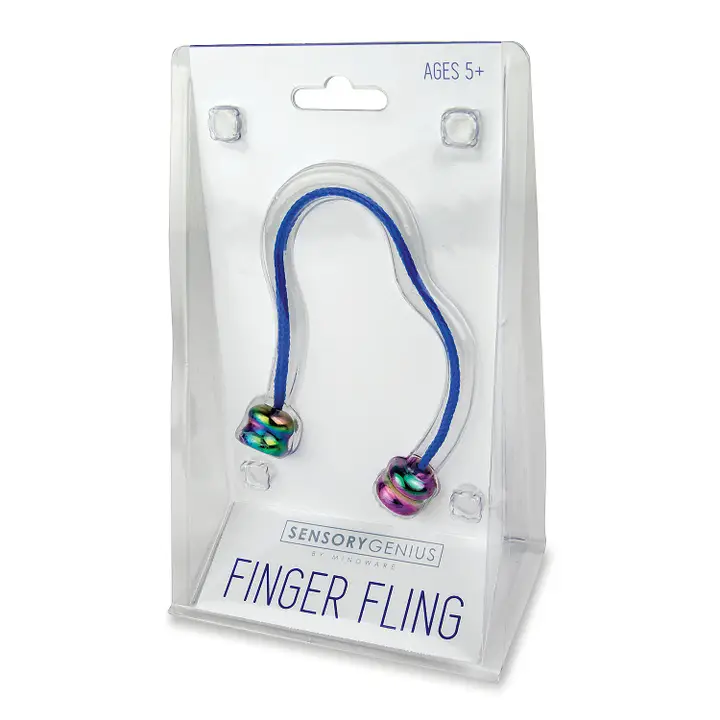 blue cord with iridescent weighted beads at the end, shown in clear plastic packaging