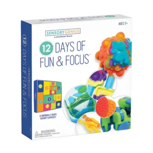 product box with photos of 6 different sensory products, a rendering of the box layout inside, and the words "12 days of fun & focus"