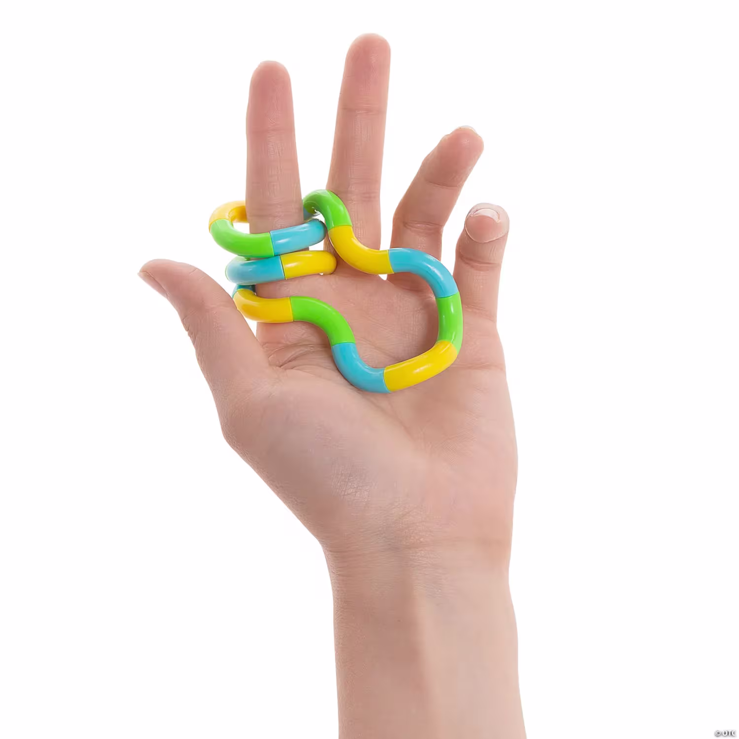 segmented wavy fidget toy in green, yellow, and blue wrapped around a finger