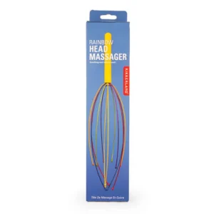 blue box with photo of head massager with yellow handle and rainbow colored prongs