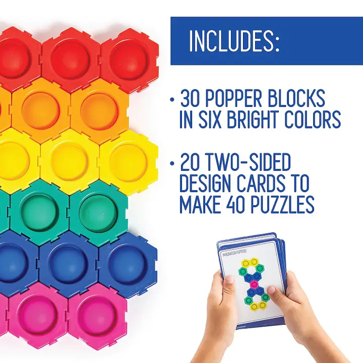 includes 30 popper blocks in 6 bright colors and 20 double sided design cards to make 40 puzzles