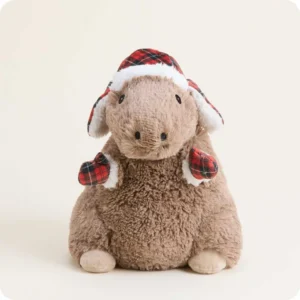 brown capybara with small plaid mittens and ear flap hat with white trim