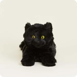black cat stuffie lying down has yellow eyes and mid length fur