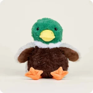 duck stuffie with green head, yellow beak, brown and grey body/wings, and orange feet