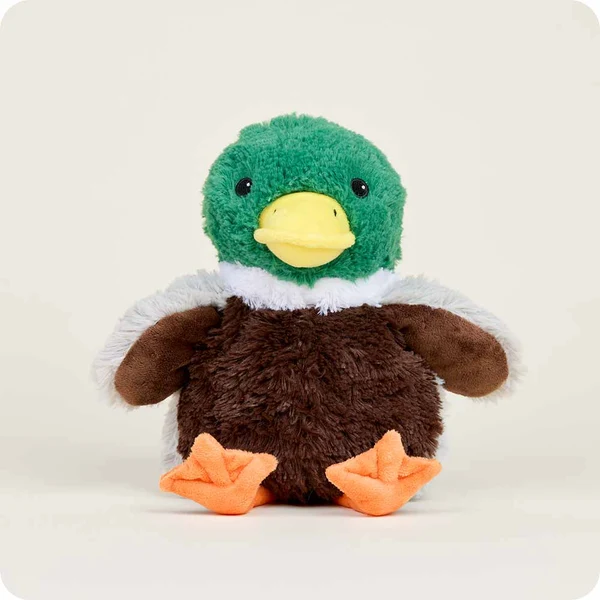 duck stuffie with green head, yellow beak, brown and grey body/wings, and orange feet