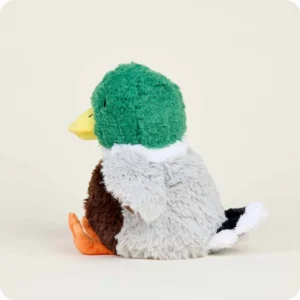 side view of duck stuffie with green head, yellow beak, brown belly and grey back/wings, and orange feet, and black and white tail