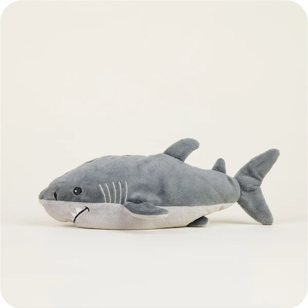 side view of shark shows embroidered gills, triangle shaped teeth and black mouth.
