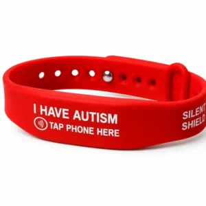 red adjustable wristband that says "I have autism, tap phone here"