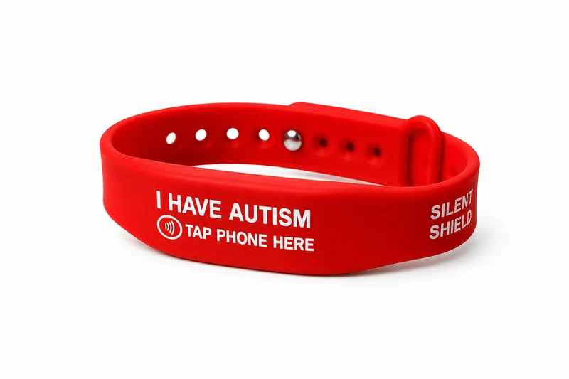red adjustable wristband that says "I have autism, tap phone here"