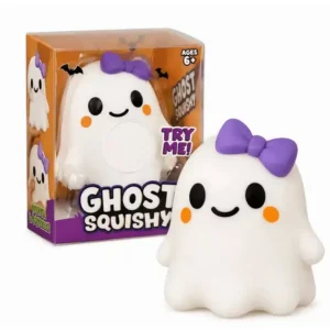 white ghost squishy toy with purple bow, black eyes and smile, and orange dots on cheeks