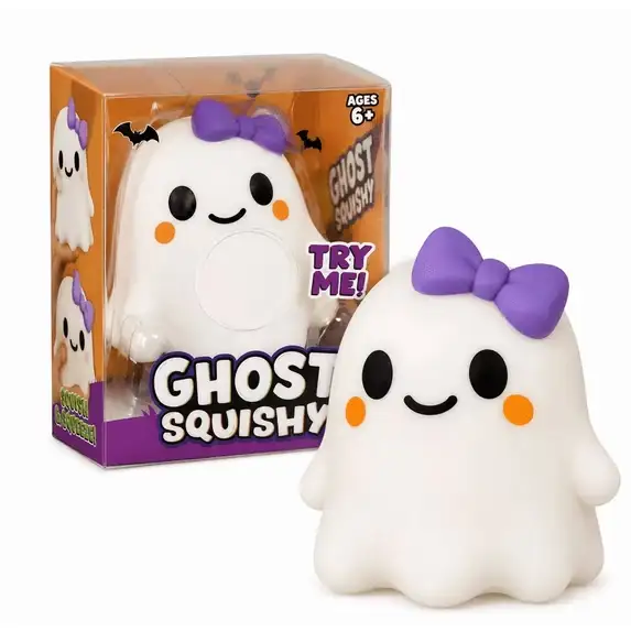 white ghost squishy toy with purple bow, black eyes and smile, and orange dots on cheeks