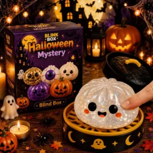 table scene with candles and lights with a steam tray and a white ghost dumpling with a box that says "halloween mystery" with different halloween themed dumplings