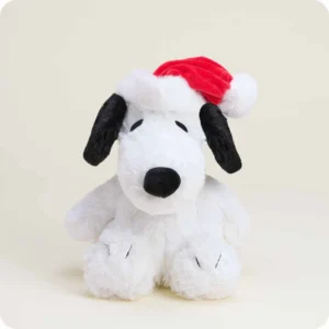 white snoopy dog with black ears and nose with red santa hat with white trim