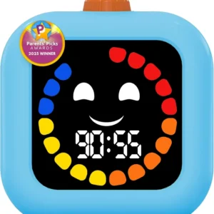 blue square-shaped timer with orange knob on top, a white smiley face with digital time, and multicolored dots around the face in a circle