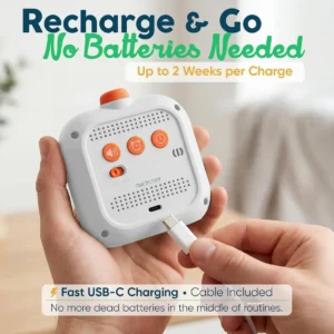 back of timer with three buttons, an on/off switch, and usb-c charging port, with cable included