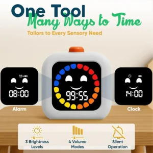 white square-shaped timer with orange knob on top, a white smiley face with digital time, and multicolored dots around the face in a circle. Has alarm and clock faces, 3 brightness levels, 4 volumes and silent options