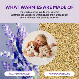 girl shown with two stuffed animals and that warmies are filled with natural grain filling and french lavender