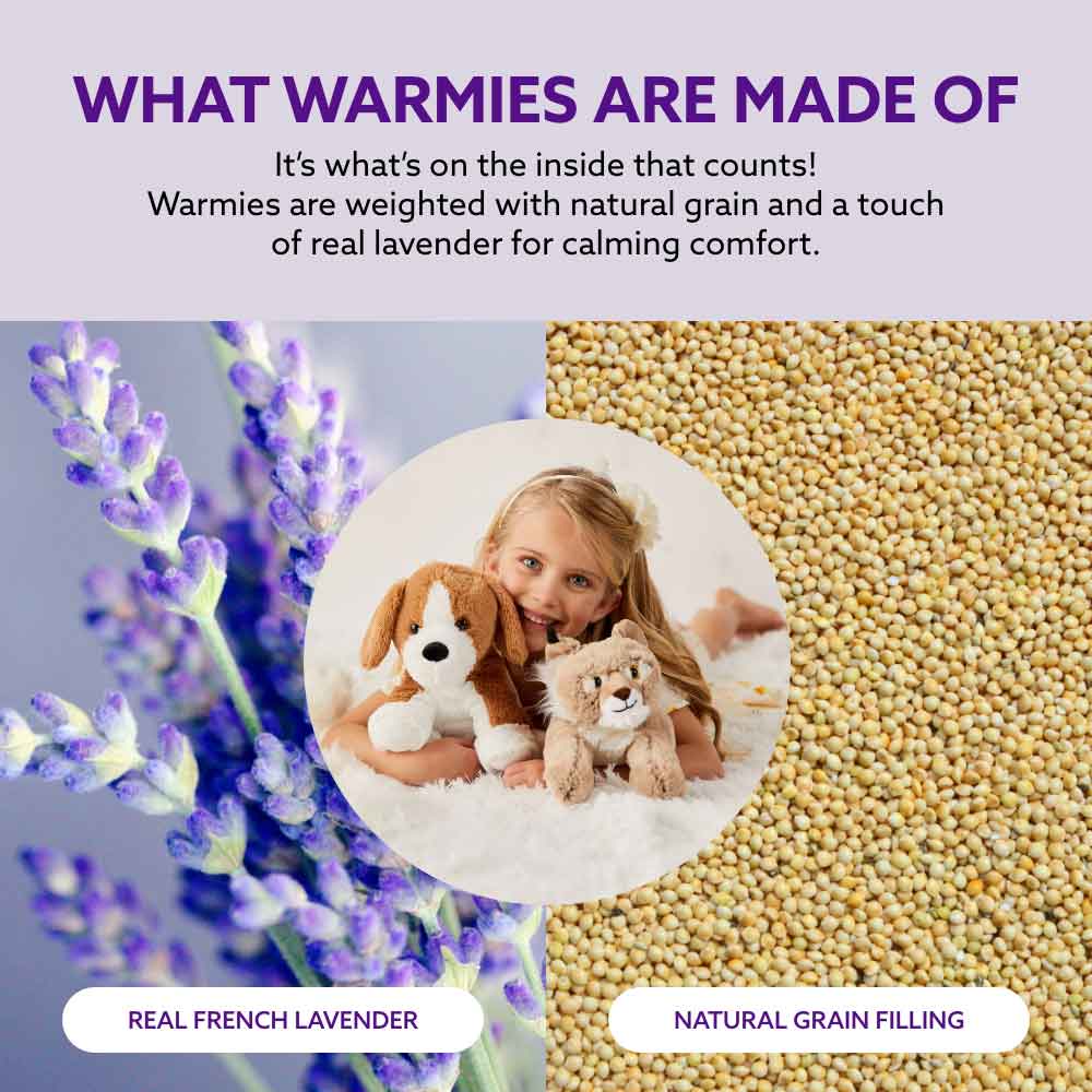 girl shown with two stuffed animals and that warmies are filled with natural grain filling and french lavender