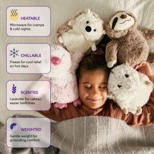 child in bed surrounded by 4 stuffed animals with features listed: heatable, chillable, lavender scented and weighted