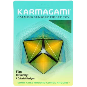 yellow, green and blue geometric fidget toy that flips infinitely