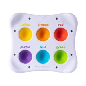 white rectangular toy with 6 different bright colored buttons with the color of the button written above