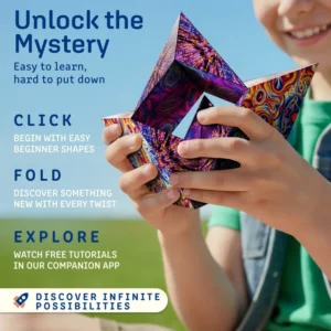 child holding the puzzle cube folded into a triangle shape, can click, fold, and explore