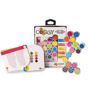 coggy packaged box with multicolored discs that are connected, with a puzzle flip book