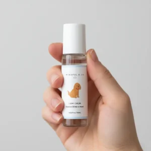 a hand holds a small clear bottle with white cap, label has a dog and says "I am calm"