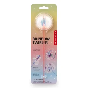 iridescent ribbon in a stick in blister packaging showing the different shapes the ribbon can make with you twirl it