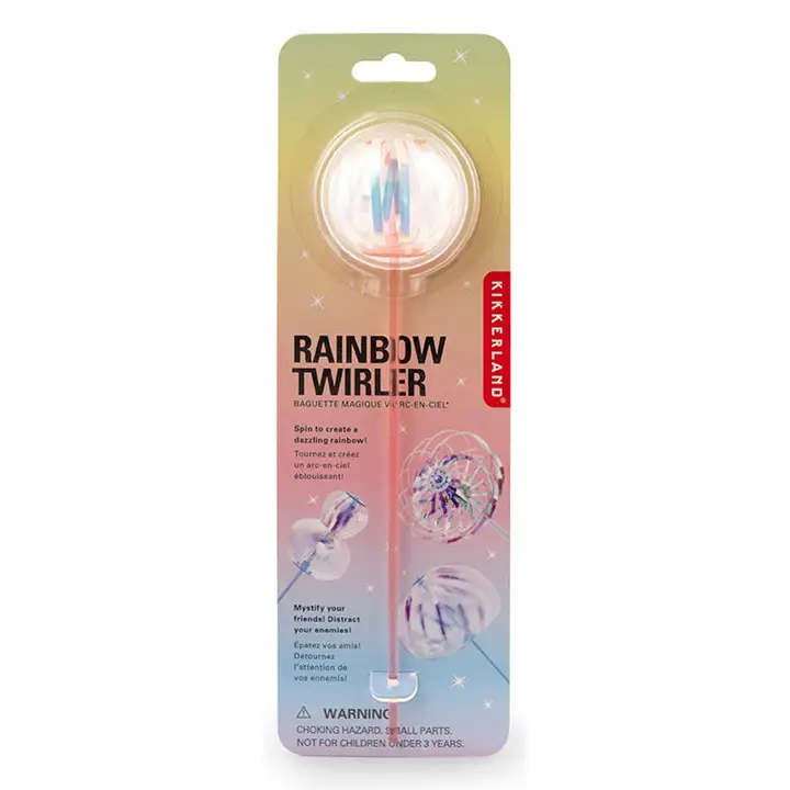 iridescent ribbon in a stick in blister packaging showing the different shapes the ribbon can make with you twirl it