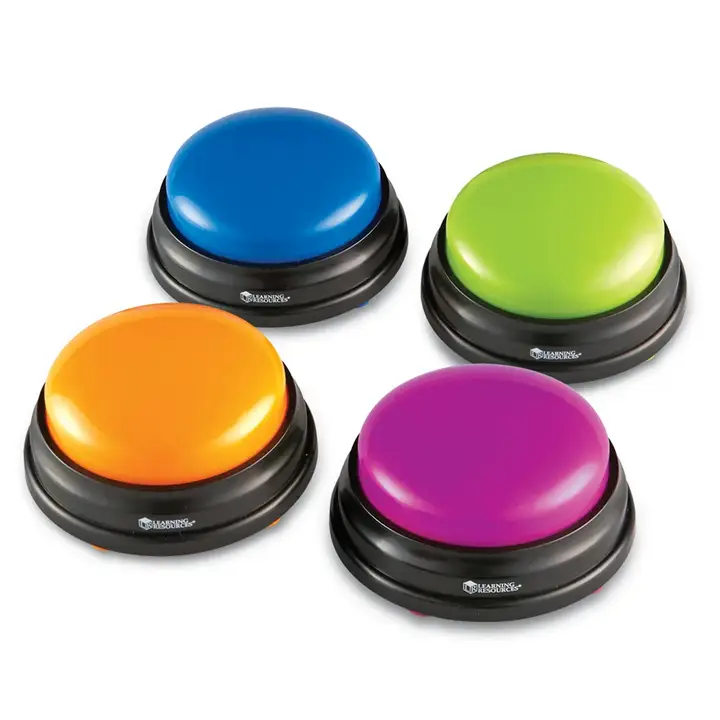 four round answer buzzer buttons - one blue, green, magenta and orange - each on a black base