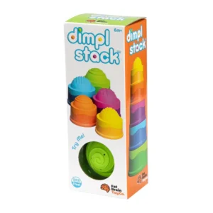 dimpl stack box shows 5 domed cups in different bright colors that are stacked to make a tower and shown apart