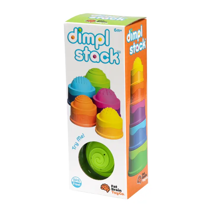 dimpl stack box shows 5 domed cups in different bright colors that are stacked to make a tower and shown apart