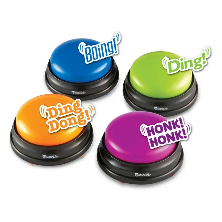 each buzzer has a different noise. blue is boing, orange is ding dong, green is ding, and magenta is honk honk.