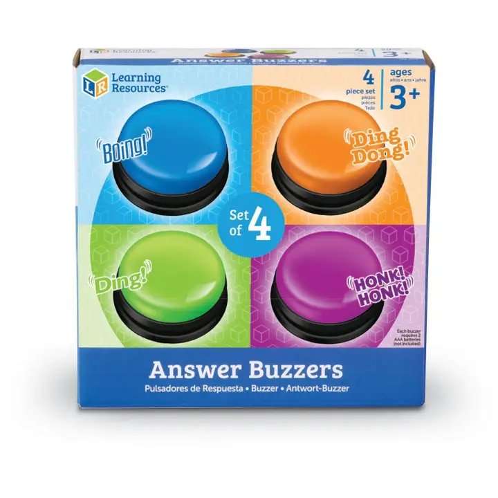 buzzer button box shows blue, orange, magenta and green answer buzzers