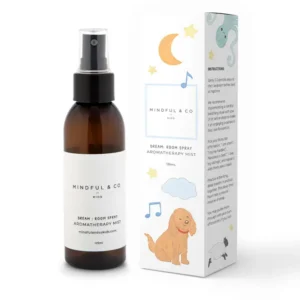 brown bottle with spray mist top shown with white box with a dog and moon and stars