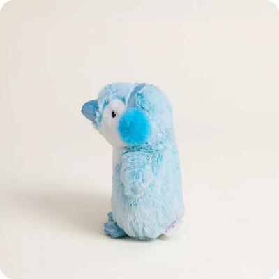 side of ice blue penguin with darker blue ear muffs and white trim