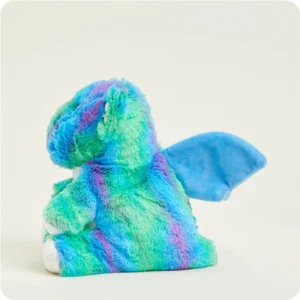 side of green, blue and purple tie dye dragon with blue wings and short tail
