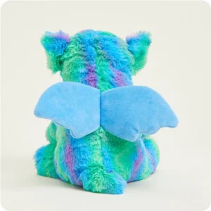 back of green, blue and purple tie dye dragon with blue wings with blue wings and short tail