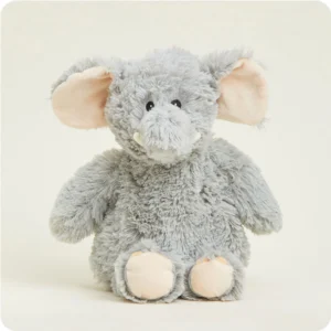 grey elephant has trunk, cream tusks, and pink trim on insides of ears and feet