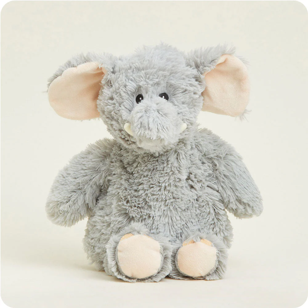 grey elephant has trunk, cream tusks, and pink trim on insides of ears and feet
