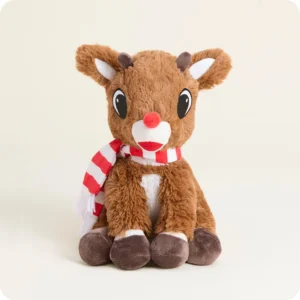 brown rudolph stuffie has a red nose, white trim and white and red scarf with fringe