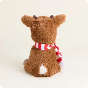 back of brown rudolph stuffie has white trimmed tail and white and red scarf with fringe