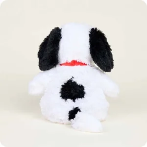 back of Snoopy, a white dog stuffie with long black ears, black spots on back, white tail, and red collar