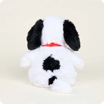 back of Snoopy, a white dog stuffie with long black ears, black spots on back, white tail, and red collar