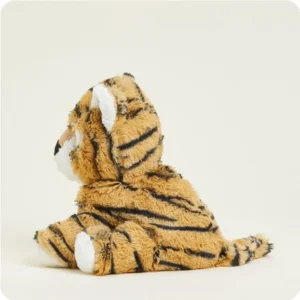 side of orange and black striped tiger stuffie with white trim, has a short thin tail