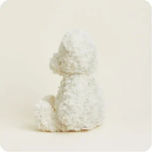 side of cream colored teddy bear with short curly fur, no tail